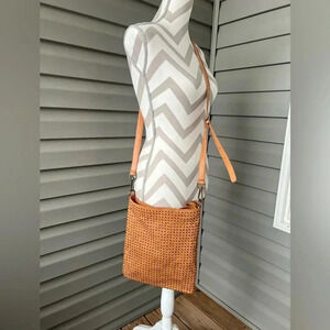 PLATANIA Tan Leather Studded Crossbody Made In Italy.